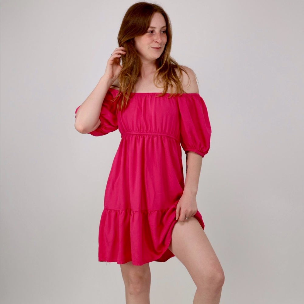 ZUDIO Pink Off-Shoulder Puff Sleeve Dress